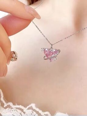 Silver Necklace with Pink Heart Pendant